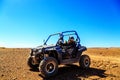 Merzouga, Morocco - Feb 23, 2016: Front view on blue Polaris RZR