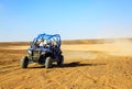 Merzouga, Morocco - Feb 25, 2016: Front view on blue Polaris RZR