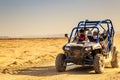 Merzouga, Morocco - Feb 24, 2016: front view on blue Polaris RZR