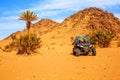 Merzouga, Morocco - Feb 26, 2016: front view on blue Polaris RZR