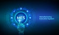 MES. Manufacturing execution system technology concept on virtual screen. Automation Software. Innovation, improving productivity