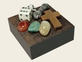 Mesa mÃÂ­stica com pedras, sÃÂ­bolos e objetos xamÃÂ¢nicos.