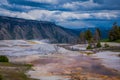 Mesa rock patterns at mamoth hot springs in Yellowstone National Park, in beautiful sunny day and blue sky