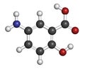 Mesalazine mesalamine, 5-aminosalicylic acid inflammatory bowel disease drug molecule. Atoms are represented as spheres with.