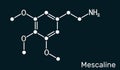 Mescaline molecule. It is hallucinogenic, psychedelic, phenethylamine alkaloid. Skeletal chemical formula on the dark blue