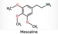 Mescaline molecule. It is hallucinogenic, psychedelic, phenethylamine alkaloid. Skeletal chemical formula