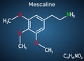 Mescaline molecule. It is hallucinogenic, psychedelic, phenethylamine alkaloid. Structural chemical formula on the dark blue