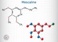 Mescaline molecule. It is hallucinogenic, psychedelic, phenethylamine alkaloid. Structural chemical formula and molecule model.