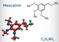 Mescaline molecule. It is hallucinogenic, psychedelic, phenethylamine alkaloid. Structural chemical formula and molecule model