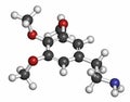 Mescaline peyote cactus psychedelic molecule, 3D rendering. Atoms are represented as spheres with conventional color coding:.