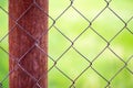 A mesh cage in a garden and a rusty pole with green grass as a background. Metal fence with wire mesh. Blurred view of the Royalty Free Stock Photo