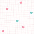 Mesh and cute heart shape seamless pattern. Hand drawn pink grid line background, pink and turquoise. Royalty Free Stock Photo