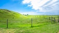 Mesh farm fence dividing beautiful green hills and meadows.