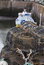 Mesh net shellfish traps at sea port