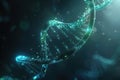 A mesmerizing abstract background showcases a luminous double helix structure of DNA, shimmering in a dark and