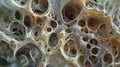 Abstract cellular structure with intertwined shapes in vibrant shades of orange, pink, and blue