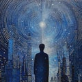 Luminous Pointillism Painting: Lone Figure Amidst Cityscape And Stars
