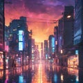 street illustrations in anime style and views of beautiful night lights reflected by the wet streets