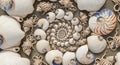 Seashells Arrangement Nautilus Shells and Spiral Pattern on Sand Background Royalty Free Stock Photo