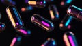 A mesmerizing array of iridescent black pill capsules gently floating across a dark black