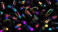 A mesmerizing array of iridescent black pill capsules gently floating across a dark black