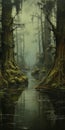Ethereal Realism: Darkly Detailed Swamp And Flora Forest Painting Royalty Free Stock Photo
