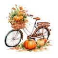 Mesmerizing Autumn Ride: Pumpkin Fall Bike Watercolor Isolated on White Background - Generative AI