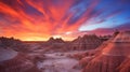 Mesmerizing Badlands Desert Sunset A Colorful Blend Of Peach, Pink, And Orange Hues Royalty Free Stock Photo