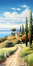 Vibrant Seaside Scenes: Detailed Cypress Trees And Rural Life Paintings Royalty Free Stock Photo