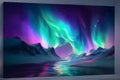 The mesmerizing beauty of an aurora borealis with swirling lights. Use a palette of iridescent colors to create a captivating,