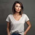 Mesmerizing beauty, photographic model embracing v-neck tee with a mesmerizingly gorgeous backdrop