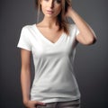 Mesmerizing beauty, photographic model embracing v-neck tee with a mesmerizingly gorgeous backdrop