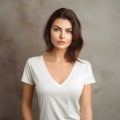 Mesmerizing beauty, photographic model embracing v-neck tee with a mesmerizingly gorgeous backdrop