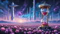 Futuristic Landscape with an Hourglass in a Vibrant Flower Field