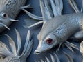 Surreal silver insectoid fishlike alien creature. AI art generated