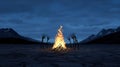 A mesmerizing bonfire burns brightly in a serene mountain landscape Royalty Free Stock Photo