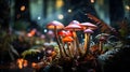 A mesmerizing capture of a variety of mushrooms thriving in a mystical forest, showcasing the diverse and vibrant world of fungi