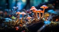 A mesmerizing capture of a variety of mushrooms thriving in a mystical forest, showcasing the diverse and vibrant world of fungi