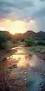 Monsoon Scenery: Backlit Waterway With Mountain In Desert