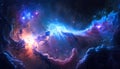 A mesmerizing celestial wonder in this abstract fantasy galaxy. Swirling hues of blue and purple nebula clouds and bright stars in