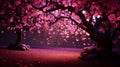 Mesmerizing Cherry Blossom Trees in Vibrant Bloom, Illuminated by Enchanting Nighttime Lights.