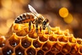 Mesmerizing close up of a beautiful bee delicately perched on a honeycomb, bathed in warm sunlight