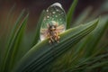 Water droplets on a green leaf with a dragonfly in the background