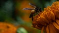 Close-up of Nature\'s Colors: Honeybee Pollinating Marigold Flower in Vibrant Orange and Green