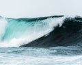 Mesmerizing closeup shot of huge turquoise wave in stormy ocean. Concept of surfing Royalty Free Stock Photo