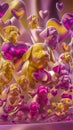 A mesmerizing collection of tiny, floating metallic puppies in various sizes