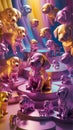 A mesmerizing collection of tiny, floating metallic puppies in various sizes