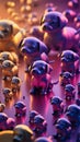 A mesmerizing collection of tiny, floating metallic puppies in various sizes