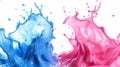 A mesmerizing collision of blue and pink liquids, creating a vibrant swirl of colors and dynamic movement