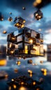 A mesmerizing composition features a giant cube formed by numerous smaller cubes, elegantly floating in an endless void